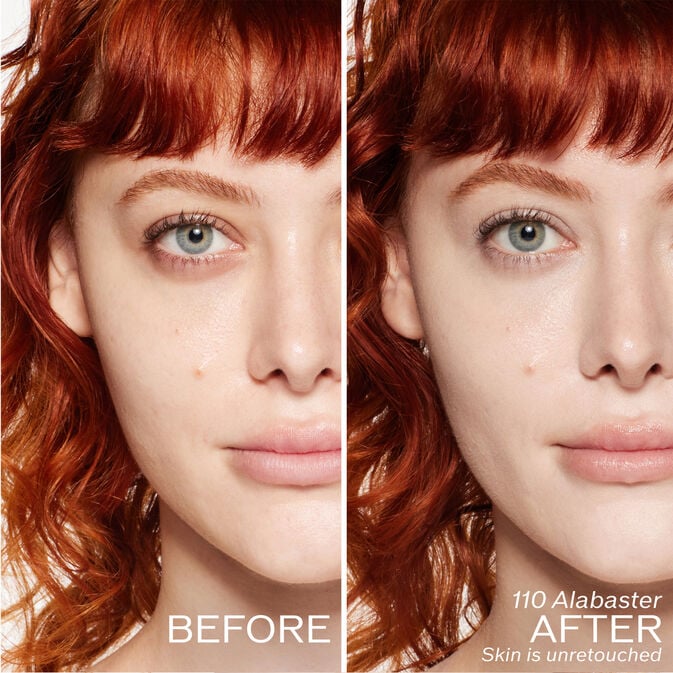 Two photos of a model. The first is a before shot, and the second is after using 110 Alabaster. Skin is unretouched.