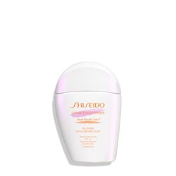A  closed, rounded white bottle of Shiseido Urban Environment Oil-Free Sunscreen SPF 42 30mL against a white background. The label includes the product name, as well as describing that it is oil-free, contains hyaluronic acid, is a broad spectrum product, and is water resistant up to 40 minutes. The image also states that this product is recommended for daily use by the Skin Cancer Foundation, and it is also a US Winner for Marie Claire’s Prix D’Excellence De La Beauté 2023.  