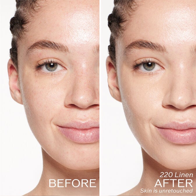 Two photos of a model. The first is a before shot, and the second is after using 220 Linen. Skin is unretouched.