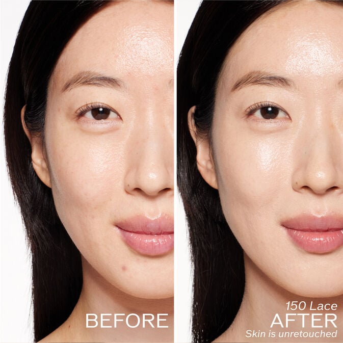 Two photos of a model. The first is a before shot, and the second is after using 150 Lace. Skin is unretouched.