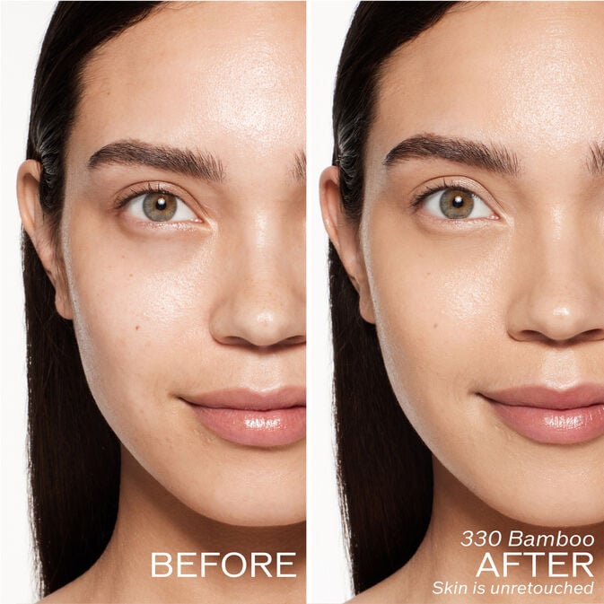 Two photos of a model. The first is a before shot, and the second is after using 330 Bamboo. Skin is unretouched.