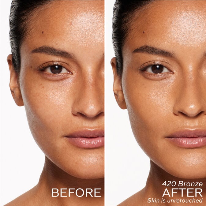 Two photos of a model. The first is a before shot, and the second is after using 420 Bronze. Skin is unretouched.